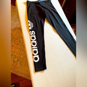 Women’s Black Adidas leggings with White Logo on Leg, Size Medium